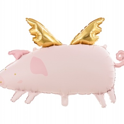Balão metálico rosa em forma de porco com asas douradas