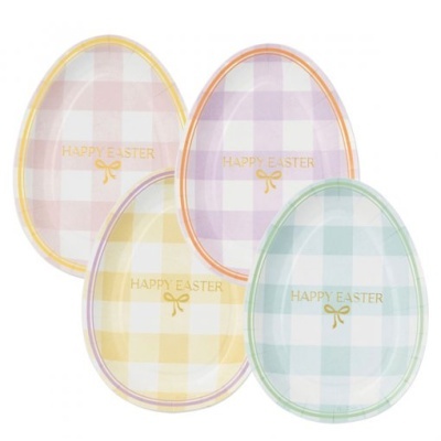 Pratos em forma de ovo com padrão xadrez e texto Happy Easter