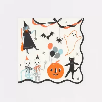 Guardanapo de papel com desenhos de Halloween em cores laranja, preto, branco, azul e cinza
