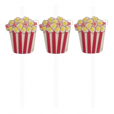 Palitos decorativos de pipoca em balde vermelho e branco