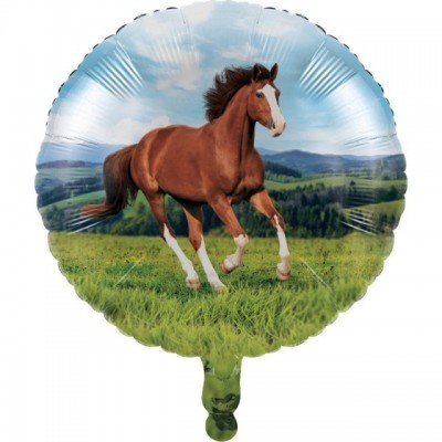 Balão redondo com imagem de cavalo castanho a correr em campo verde