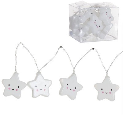 Corda de luz com estrelas brancas sorridentes e caixa plástica transparente