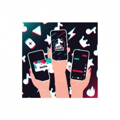 Três mãos segurando smartphones com ícones e texto em fundo musical colorido.