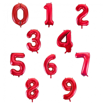 Balões vermelhos metalizados em forma de números de 0 a 9