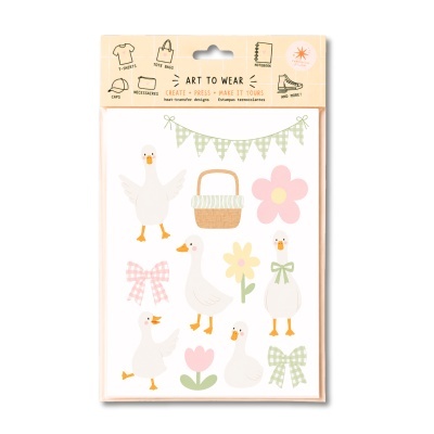 Pacote de estampas termocolantes com desenhos de patos, flores, laços e cesta