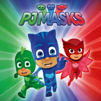 Personagens animados PJ Masks em fundo colorido com texto PJ MASKS