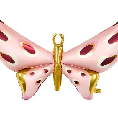 balão metálico em forma de borboleta cor-de-rosa e dourada