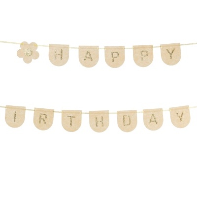 Guirlanda decorativa HAPPY BIRTHDAY em papel bege com letras douradas