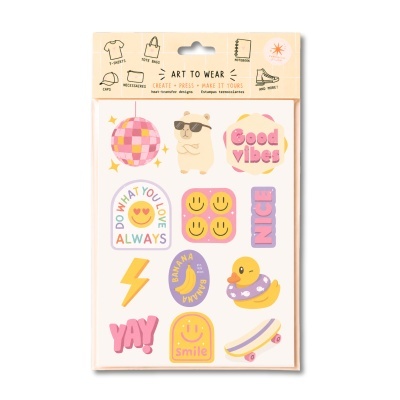 Pacote de estampas termocolantes coloridas com desenhos divertidos e textos em inglês