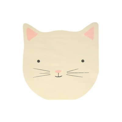 Guardanapo de papel em forma de cabeça de gato creme com detalhes cor-de-rosa e preto