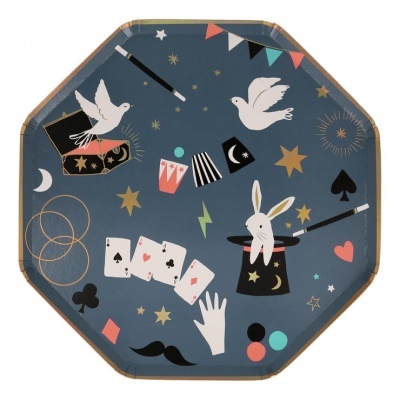 Tapete octogonal azul com ilustrações de mágica e cartas de baralho