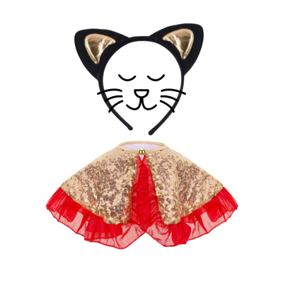 Conjunto de fantasia infantil com orelhas de gato e capa dourada com saia vermelha de tule