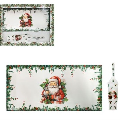 Conjunto de mesa festivo com desenho de Pai Natal e folhas verdes com bagas vermelhas