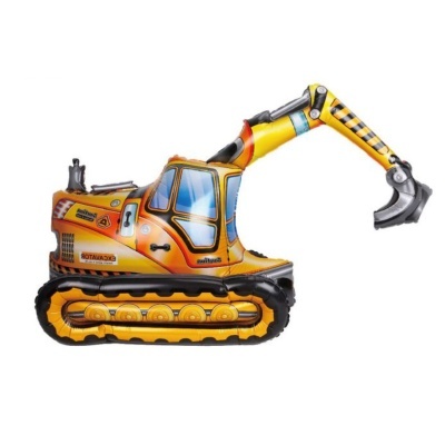 Balão em forma de escavadora amarela e laranja com detalhes e textos