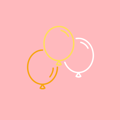 Três balões desenhados em néon amarelo, branco e laranja sobre fundo rosa.