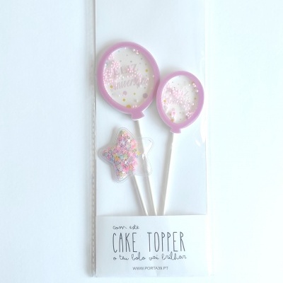 Conjunto de cake toppers em forma de balões e estrela com purpurinas coloridas