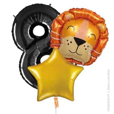 Balões de folha com número 8 preto, estrela dourada e cabeça de leão laranja