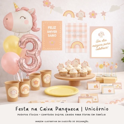 Decoração infantil unicórnio com balões, cupcakes, copos e cartazes em tons pastel