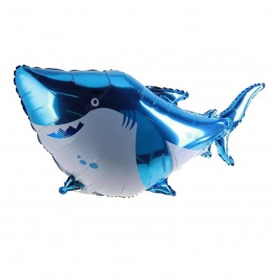 Balão metálico em forma de tubarão azul e branco