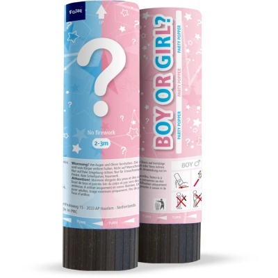 Dois tubos cilíndricos para festa em azul e rosa com texto e estrelas.