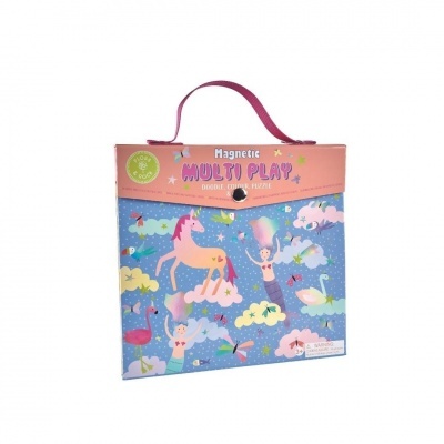 Jogo magnético Multi Play com tema de sereias e unicórnios numa caixa rosa com alça