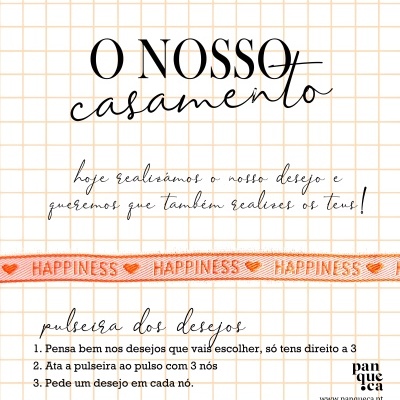 Cartaz com texto sobre casamento, pulseira laranja com 'HAPPINESS' e instruções.
