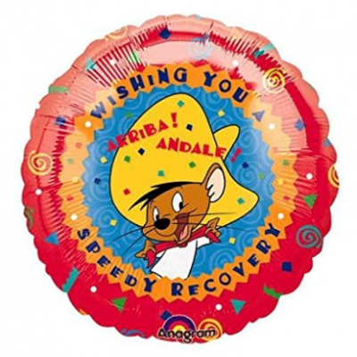 Balão redondo metálico com desenho de rato cartoon e texto para recuperação rápida.