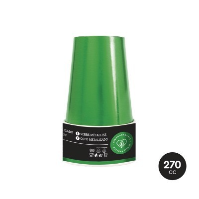 Copo metálico verde com rótulo preto e texto branco