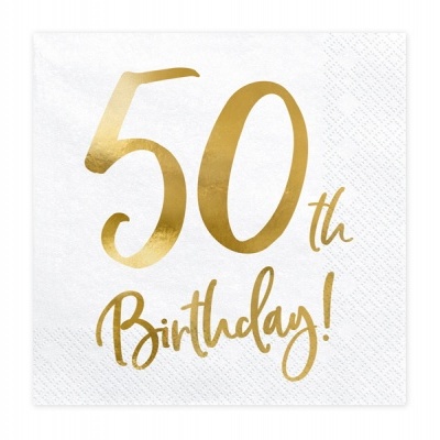 Guardanapo de papel branco com texto dourado 50th Birthday