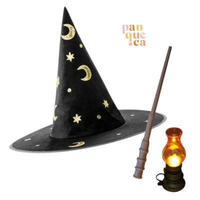 Chapéu de feiticeiro, varinha e lâmpada com luz