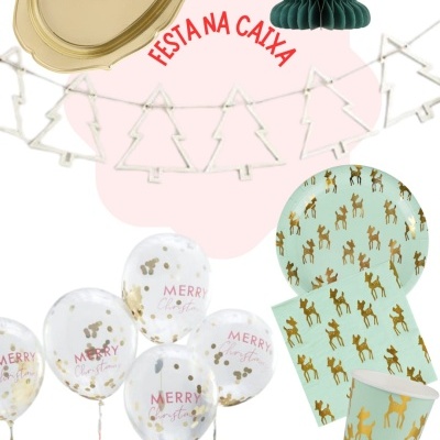 Conjunto de artigos para festa natalícia com veados dourados, balões, prato dourado e decoração de árvore