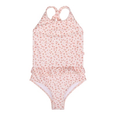 Fato de banho infantil rosa claro com padrão de folhas cor terracota e folho na cintura