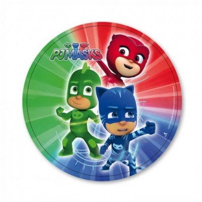 Prato redondo com personagens PJ MASKS coloridos e texto PJ MASKS