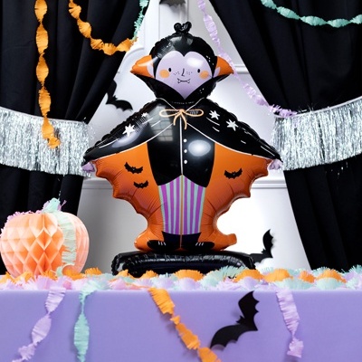Balão de vampiro insuflável decorativo com abóboras, morcegos e fitas coloridas para festa de Halloween