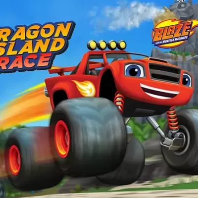 Carro vermelho de desenho animado com grandes pneus em corrida no terreno rochoso