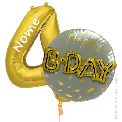 Balões de festa dourado e cinza com texto 