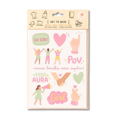 Pacote de estampas termocolantes com ilustrações de mulheres, corações e mãos com textos inspiradores