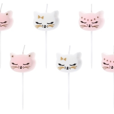 Seis velas decorativas em forma de gato rosa e branco com detalhes dourados e pretos