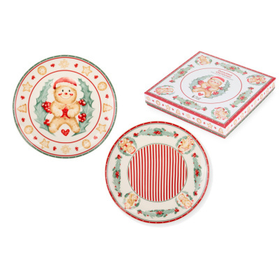 Conjunto de pratos cerâmicos natalícios com boneco de gengibre e caixa decorativa