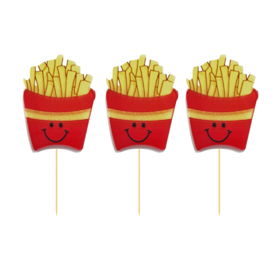 Decorações para bolo em forma de batatas fritas sorridentes com palitos