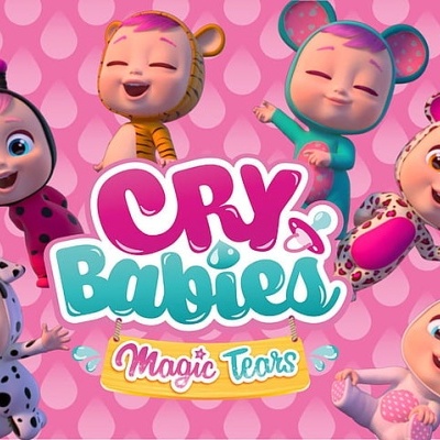 Bebés animados fantasiados com roupas de animais em fundo rosa com logo CRY Babies Magic Tears