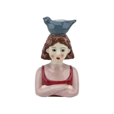 Figura decorativa de mulher com pássaro azul na cabeça