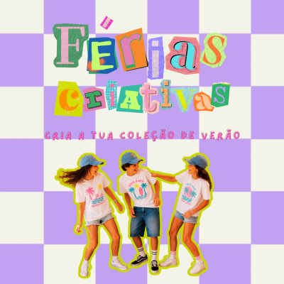 Crianças vestindo moda casual de verão com t-shirts brancas estampadas, calções de ganga e bonés de ganga em fundo xadrez lilás e branco.