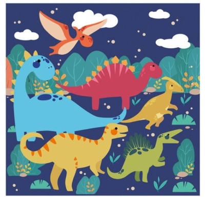 Ilustração colorida de dinossauros e plantas num fundo azul escuro.