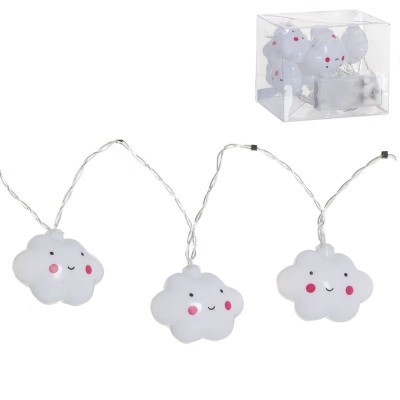 Cordão de luzes com figuras de nuvens brancas sorridentes em caixa transparente