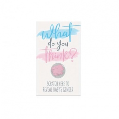 Cartão revelação género bebé com texto colorido e área para riscar rosa