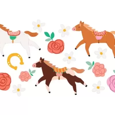 Ilustração de três cavalos estilizados com flores coloridas e uma ferradura