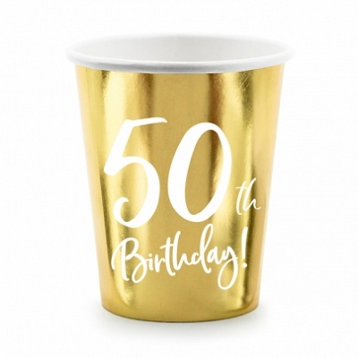 Copo dourado metálico com texto branco 50th Birthday