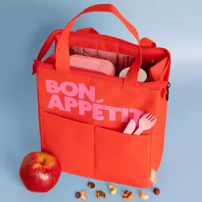 Sacola térmica laranja com BON APPÉTIT e talheres rosas