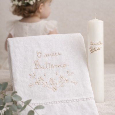 Toalha branca bordada para batismo com vela decorativa branca